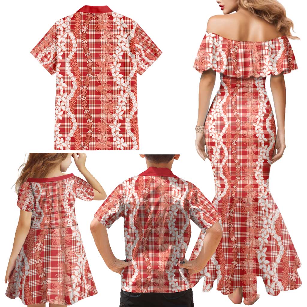 Hawaiian Ohia Lehua Lei Family Matching Mermaid Dress and Hawaiian Shirt Plaid Palaka Ulaula Pattern - Polynesian Pride