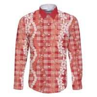 Hawaiian Ohia Lehua Lei Family Matching Off The Shoulder Long Sleeve Dress and Hawaiian Shirt Plaid Palaka Ulaula Pattern - Polynesian Pride