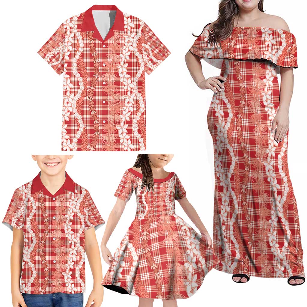 Hawaiian Ohia Lehua Lei Family Matching Off Shoulder Maxi Dress and Hawaiian Shirt Plaid Palaka Ulaula Pattern - Polynesian Pride