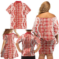 Hawaiian Ohia Lehua Lei Family Matching Off Shoulder Short Dress and Hawaiian Shirt Plaid Palaka Ulaula Pattern - Polynesian Pride