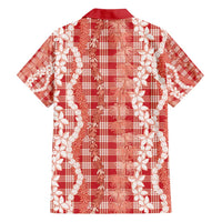 Hawaiian Ohia Lehua Lei Family Matching Off Shoulder Short Dress and Hawaiian Shirt Plaid Palaka Ulaula Pattern - Polynesian Pride