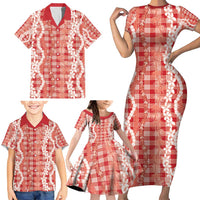 Hawaiian Ohia Lehua Lei Family Matching Short Sleeve Bodycon Dress and Hawaiian Shirt Plaid Palaka Ulaula Pattern - Polynesian Pride