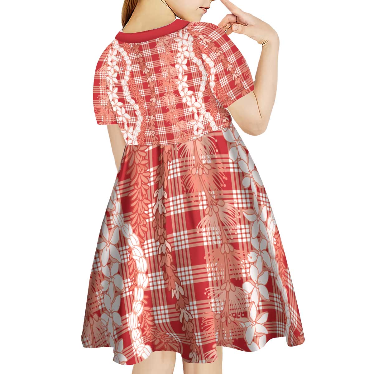 Hawaiian Ohia Lehua Lei Kid Short Sleeve Dress Plaid Palaka Ulaula Pattern - Polynesian Pride