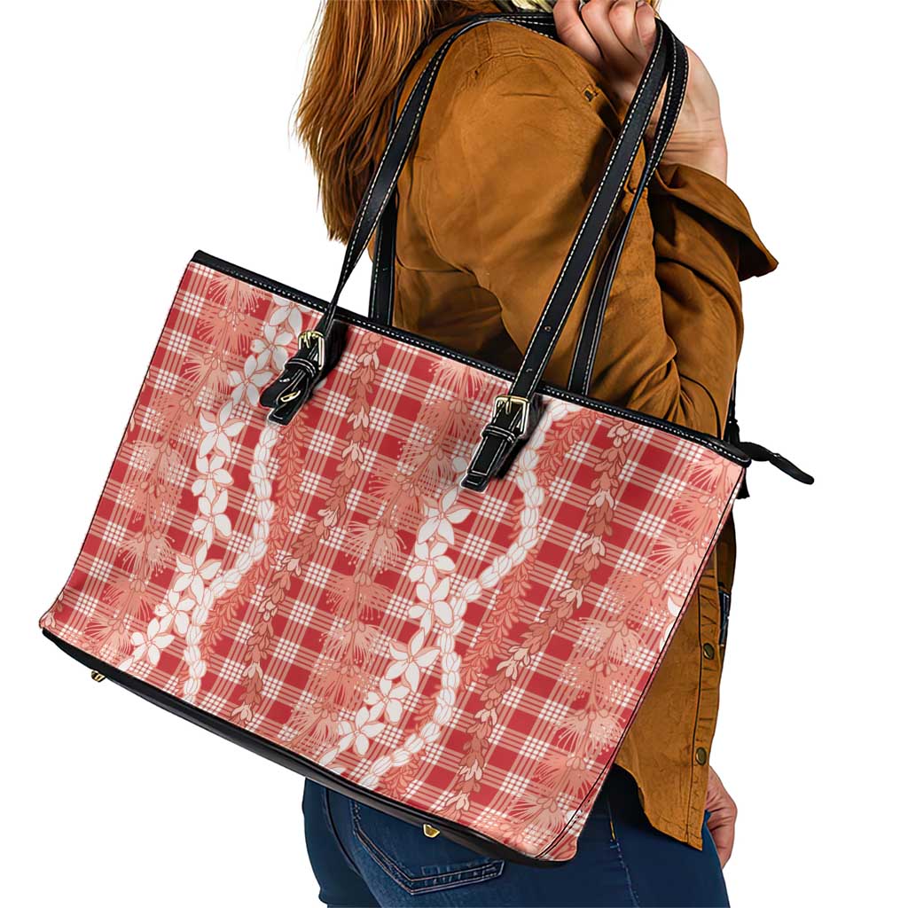 Hawaiian Ohia Lehua Lei Leather Tote Bag Plaid Palaka Ulaula Pattern - Polynesian Pride