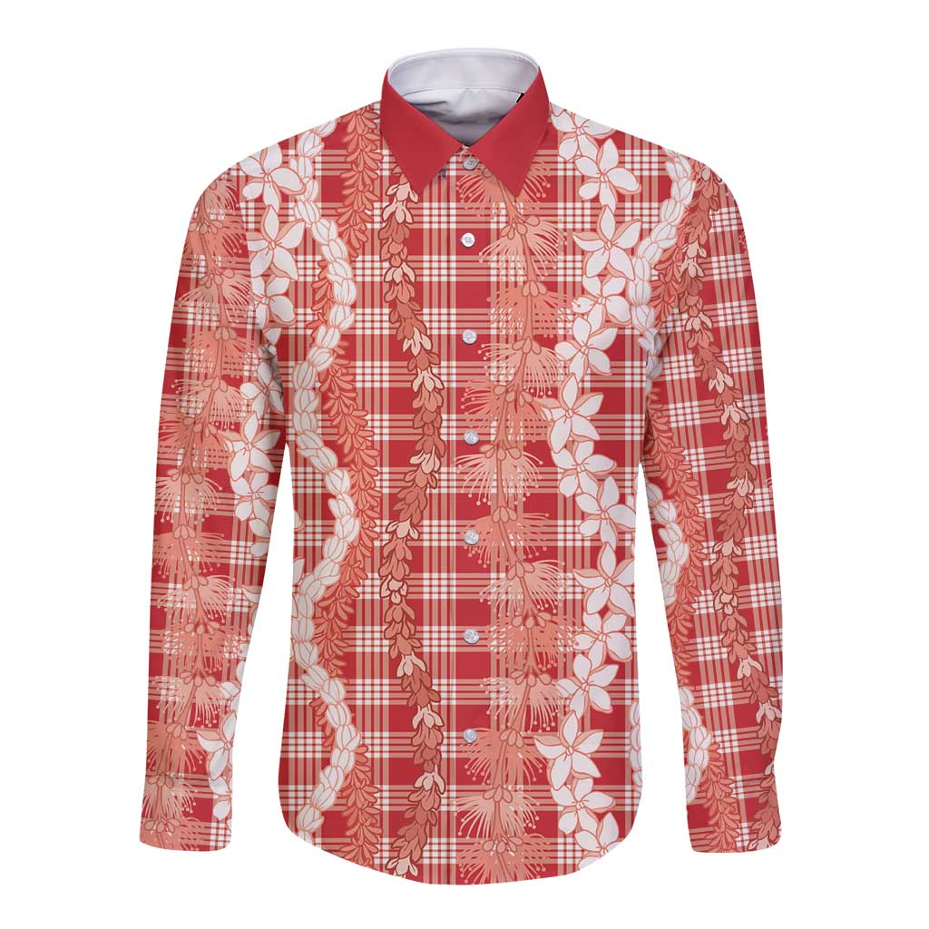 Hawaiian Ohia Lehua Lei Long Sleeve Button Shirt Plaid Palaka Ulaula Pattern - Polynesian Pride