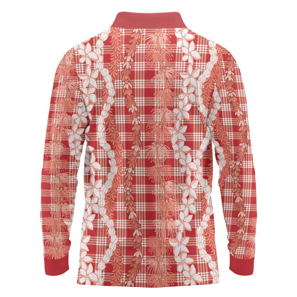 Hawaiian Ohia Lehua Lei Long Sleeve Polo Shirt Plaid Palaka Ulaula Pattern - Polynesian Pride