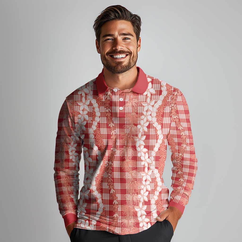 Hawaiian Ohia Lehua Lei Long Sleeve Polo Shirt Plaid Palaka Ulaula Pattern - Polynesian Pride