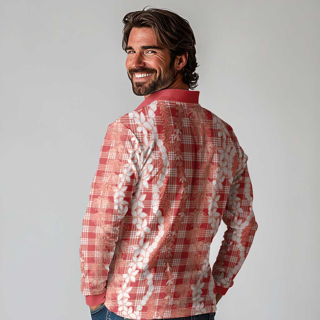 Hawaiian Ohia Lehua Lei Long Sleeve Polo Shirt Plaid Palaka Ulaula Pattern - Polynesian Pride