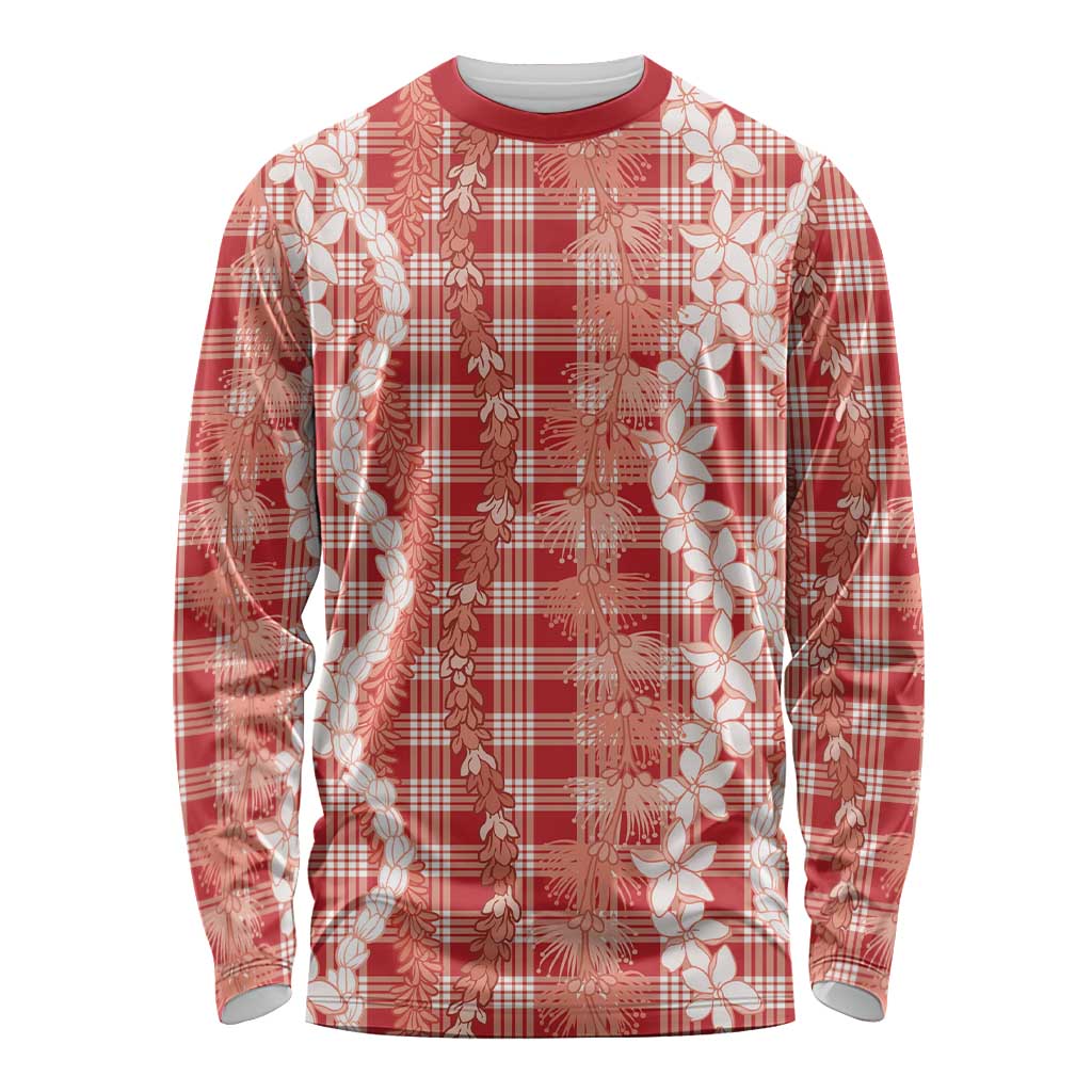 Hawaiian Ohia Lehua Lei Long Sleeve Shirt Plaid Palaka Ulaula Pattern - Polynesian Pride