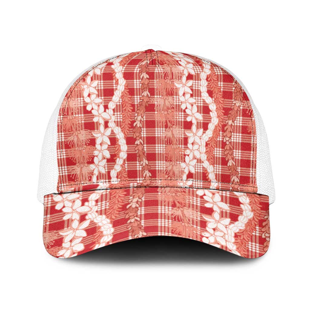 Hawaiian Ohia Lehua Lei Mesh Trucker Cap Plaid Palaka Ulaula Pattern - Polynesian Pride