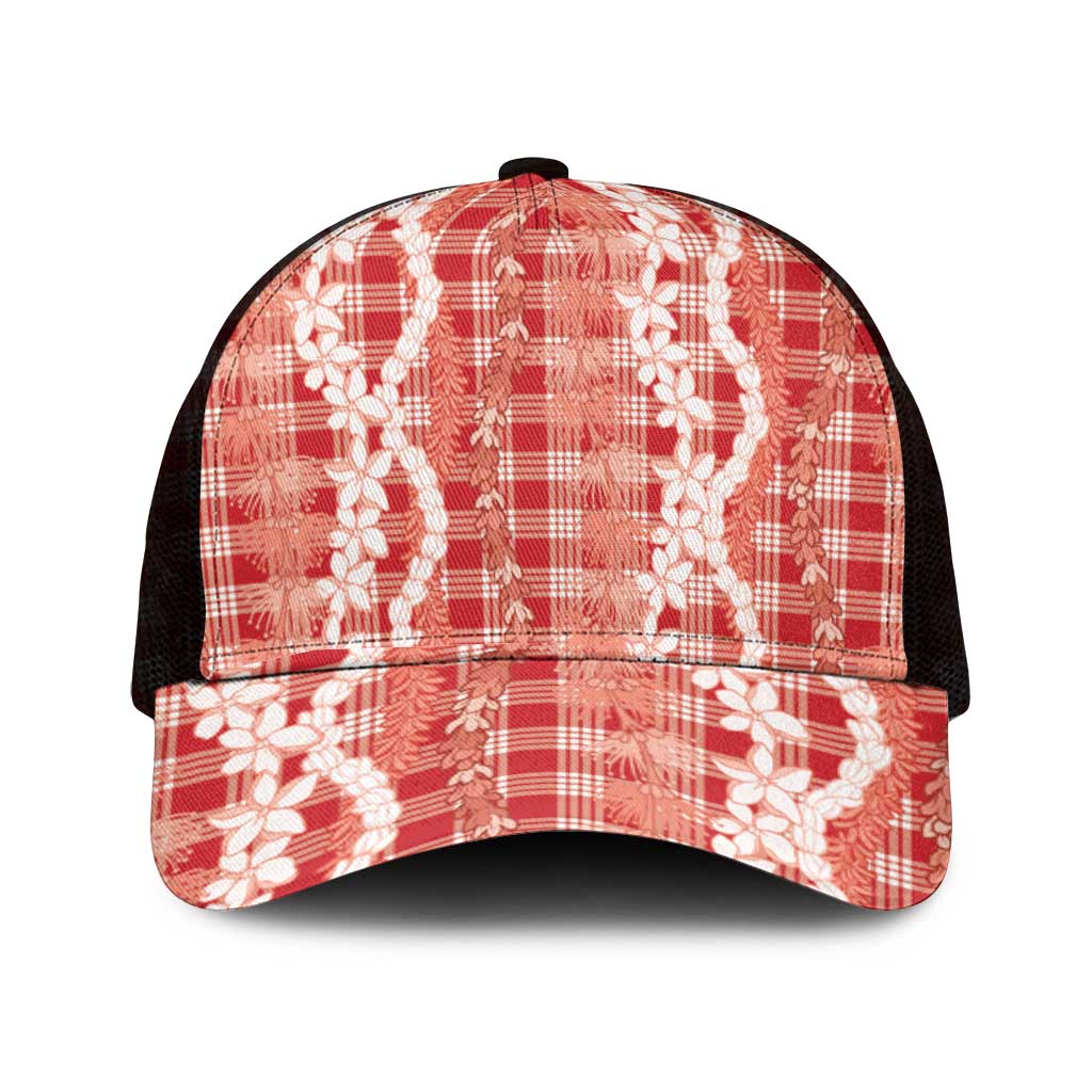 Hawaiian Ohia Lehua Lei Mesh Trucker Cap Plaid Palaka Ulaula Pattern - Polynesian Pride