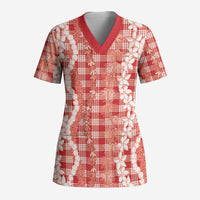 Hawaiian Ohia Lehua Lei Scrub Top Plaid Palaka Ulaula Pattern - Polynesian Pride