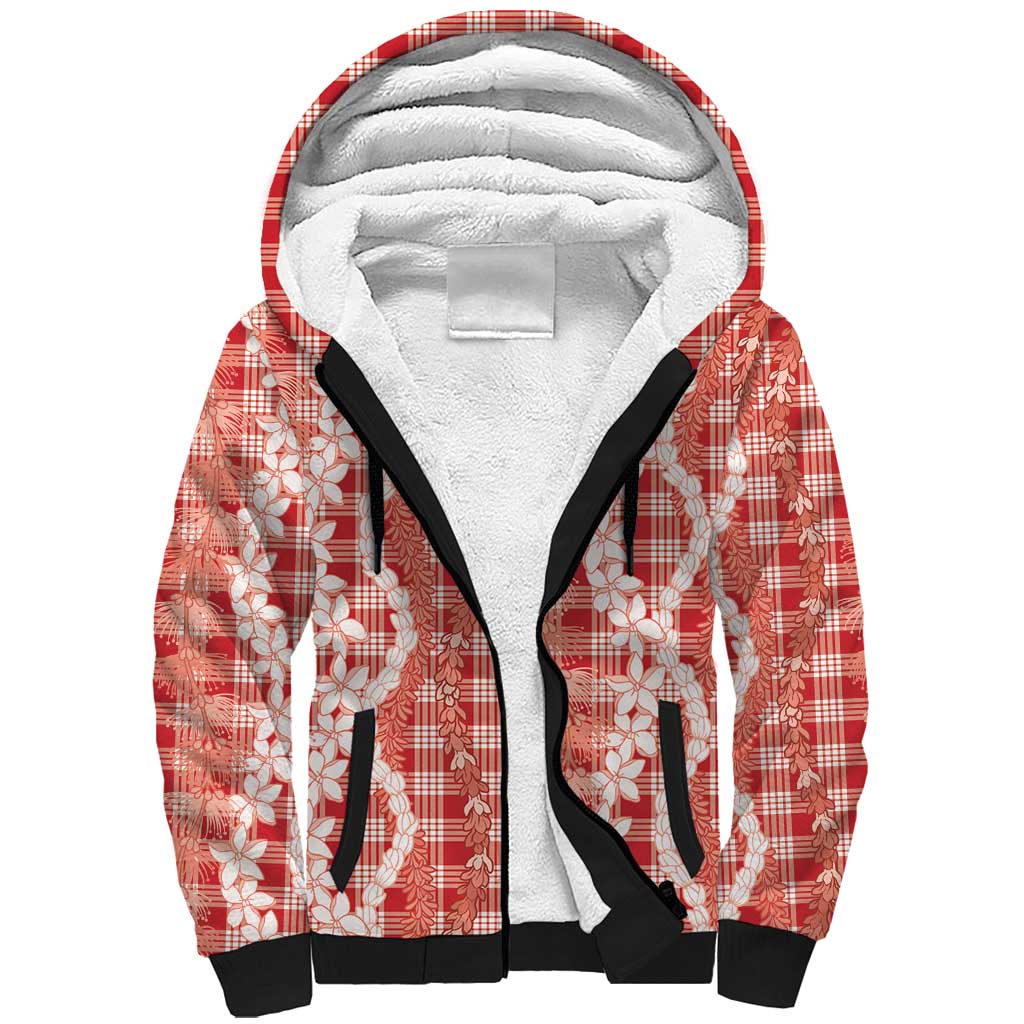 Hawaiian Ohia Lehua Lei Sherpa Hoodie Plaid Palaka Ulaula Pattern - Polynesian Pride
