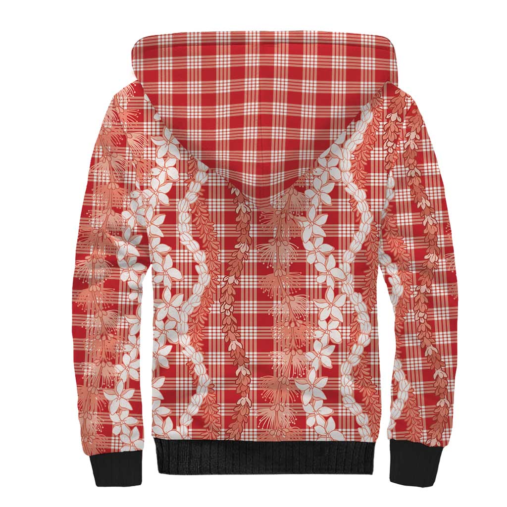 Hawaiian Ohia Lehua Lei Sherpa Hoodie Plaid Palaka Ulaula Pattern - Polynesian Pride