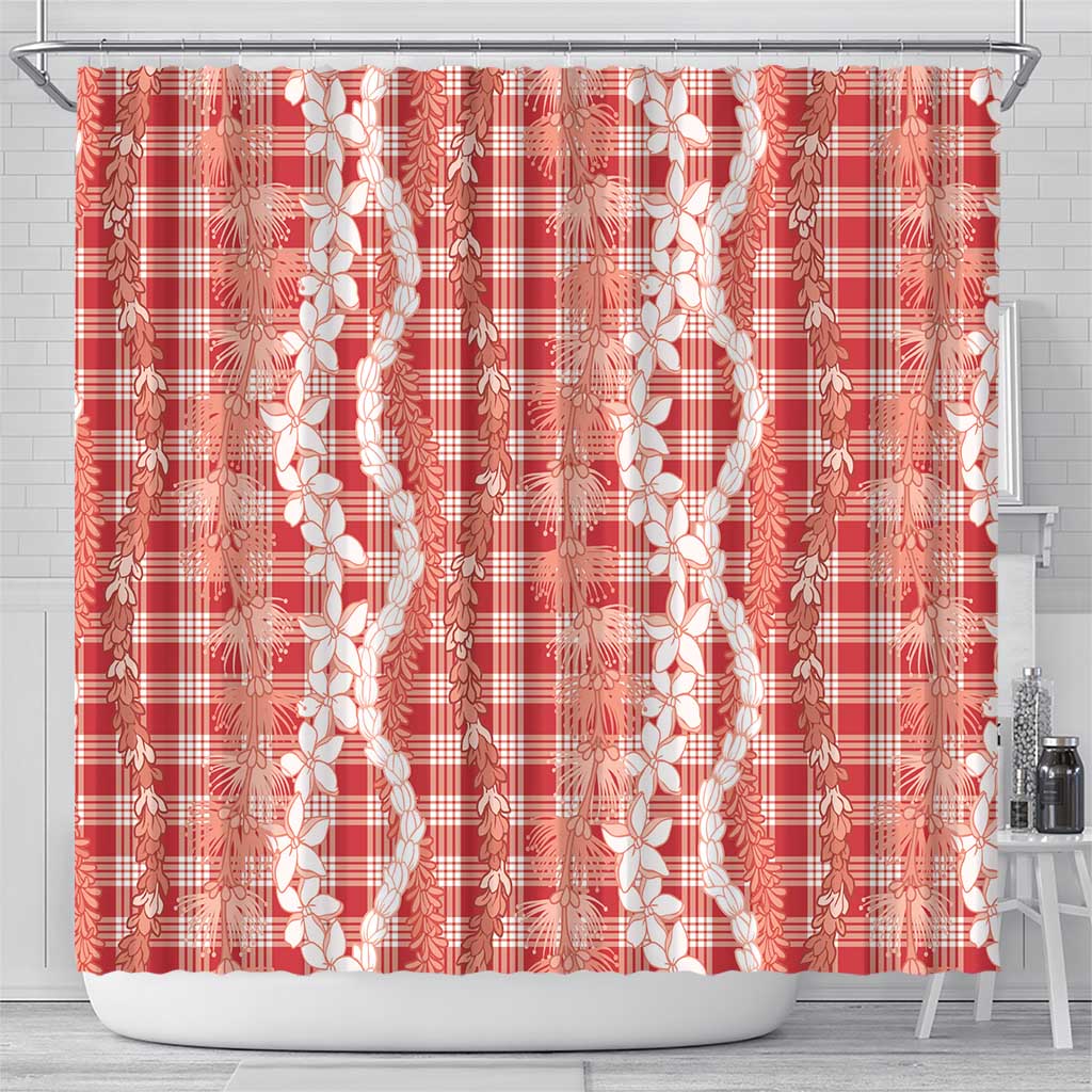 Hawaiian Ohia Lehua Lei Shower Curtain Plaid Palaka Ulaula Pattern - Polynesian Pride