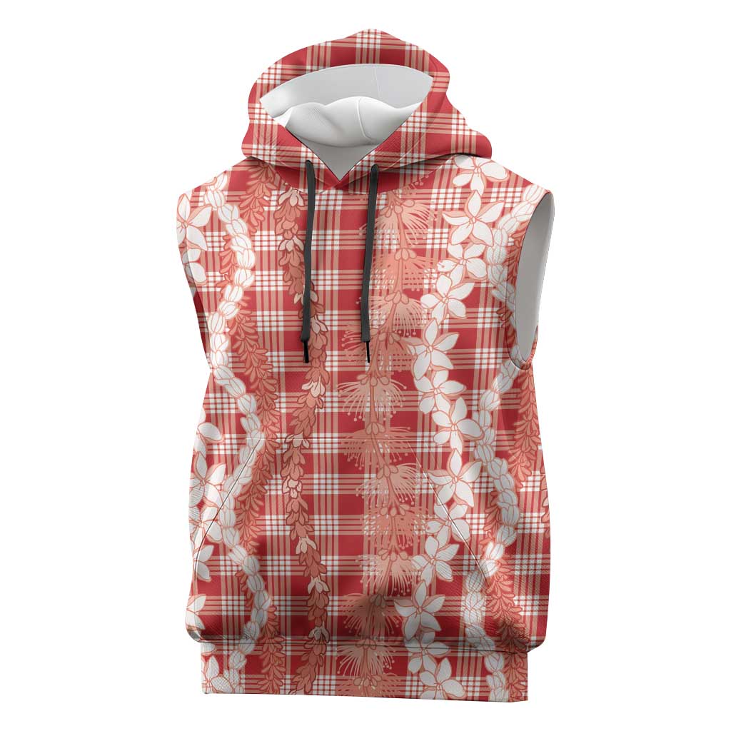 Hawaiian Ohia Lehua Lei Sleeveless Hoodie Plaid Palaka Ulaula Pattern - Polynesian Pride