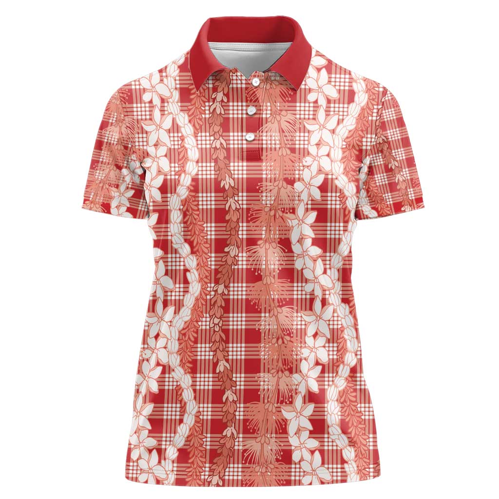 Hawaiian Ohia Lehua Lei Women Polo Shirt Plaid Palaka Ulaula Pattern - Polynesian Pride