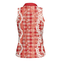 Hawaiian Ohia Lehua Lei Women Sleeveless Polo Shirt Plaid Palaka Ulaula Pattern - Polynesian Pride