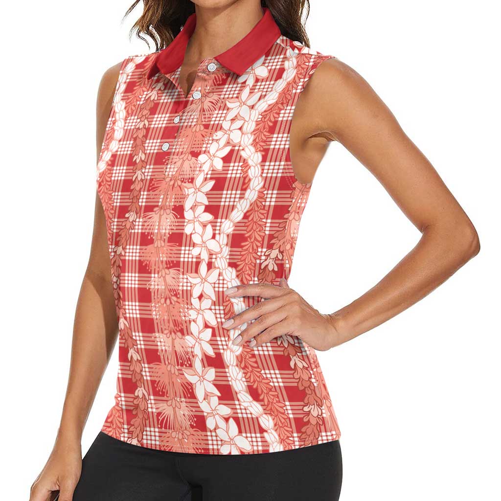 Hawaiian Ohia Lehua Lei Women Sleeveless Polo Shirt Plaid Palaka Ulaula Pattern - Polynesian Pride