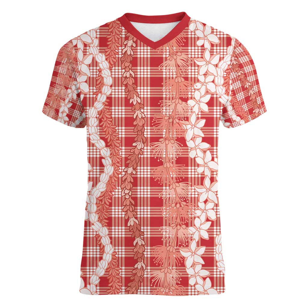 Hawaiian Ohia Lehua Lei Women V-Neck T-Shirt Plaid Palaka Ulaula Pattern - Polynesian Pride