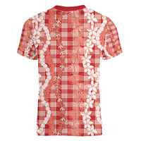 Hawaiian Ohia Lehua Lei Women V-Neck T-Shirt Plaid Palaka Ulaula Pattern - Polynesian Pride