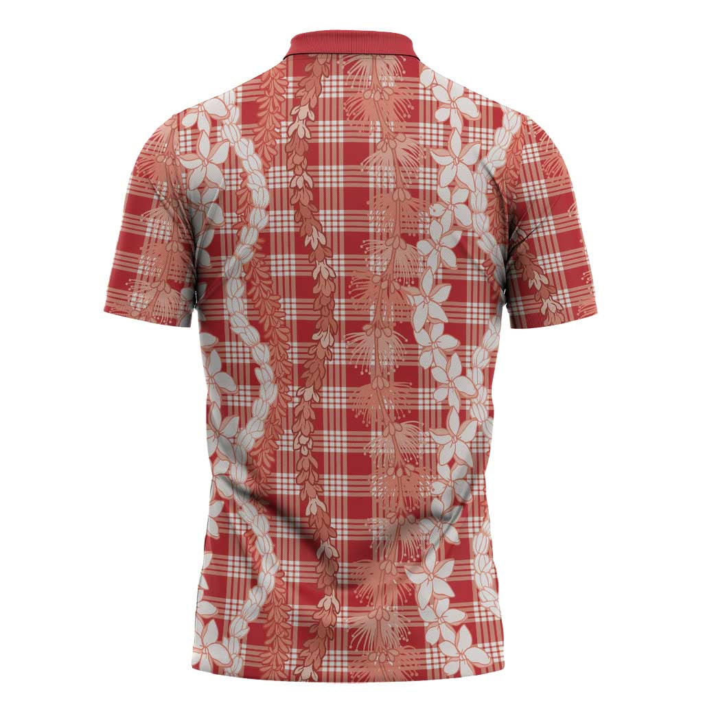 Hawaiian Ohia Lehua Lei Zipper Polo Shirt Plaid Palaka Ulaula Pattern - Polynesian Pride