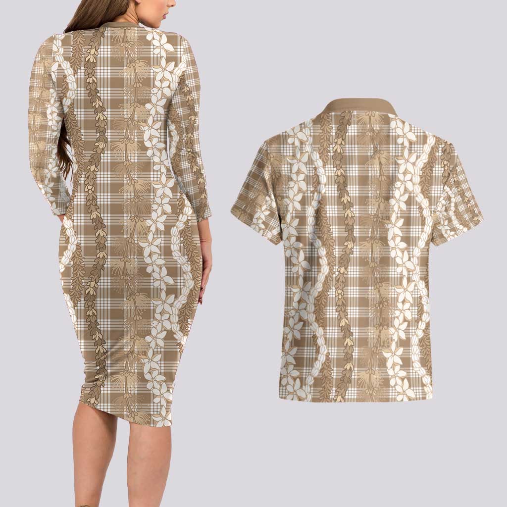 Hawaiian Ohia Lehua Lei Couples Matching Long Sleeve Bodycon Dress and Hawaiian Shirt Plaid Palaka Kalaihaahaa Pattern - Polynesian Pride