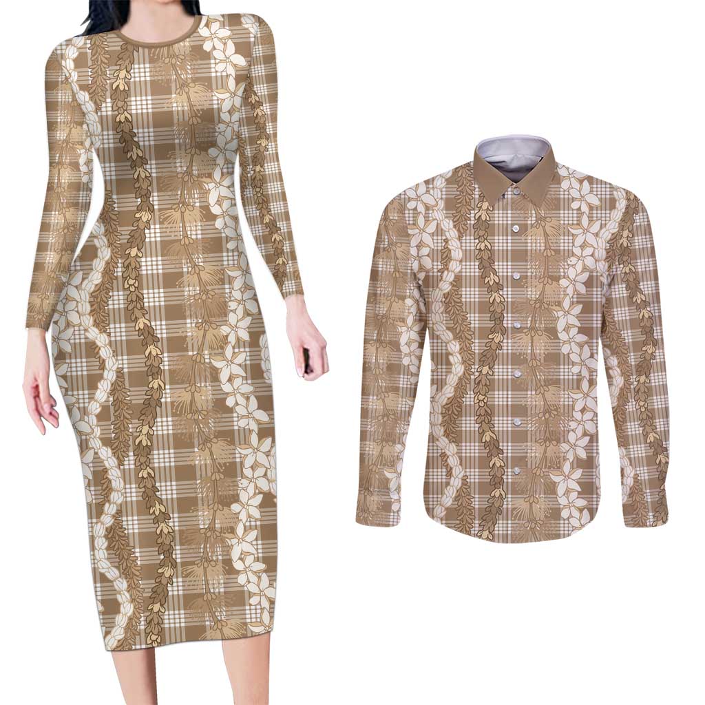 Hawaiian Ohia Lehua Lei Couples Matching Long Sleeve Bodycon Dress and Long Sleeve Button Shirt Plaid Palaka Kalaihaahaa Pattern - Polynesian Pride