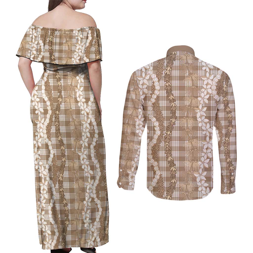Hawaiian Ohia Lehua Lei Couples Matching Off Shoulder Maxi Dress and Long Sleeve Button Shirt Plaid Palaka Kalaihaahaa Pattern - Polynesian Pride