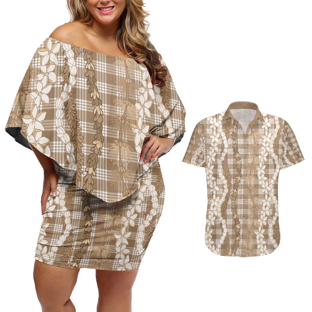 Hawaiian Ohia Lehua Lei Couples Matching Off Shoulder Short Dress and Hawaiian Shirt Plaid Palaka Kalaihaahaa Pattern - Polynesian Pride