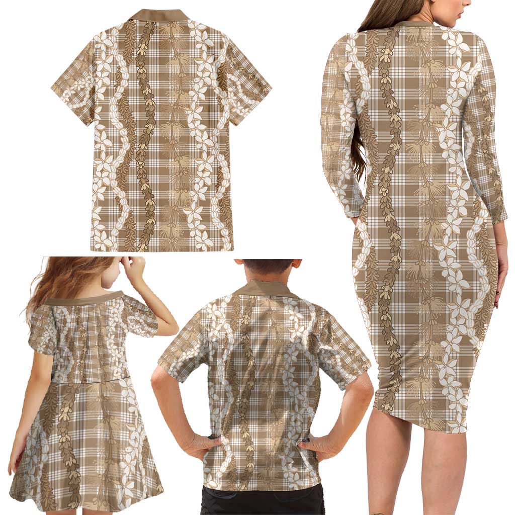 Hawaiian Ohia Lehua Lei Family Matching Long Sleeve Bodycon Dress and Hawaiian Shirt Plaid Palaka Kalaihaahaa Pattern - Polynesian Pride