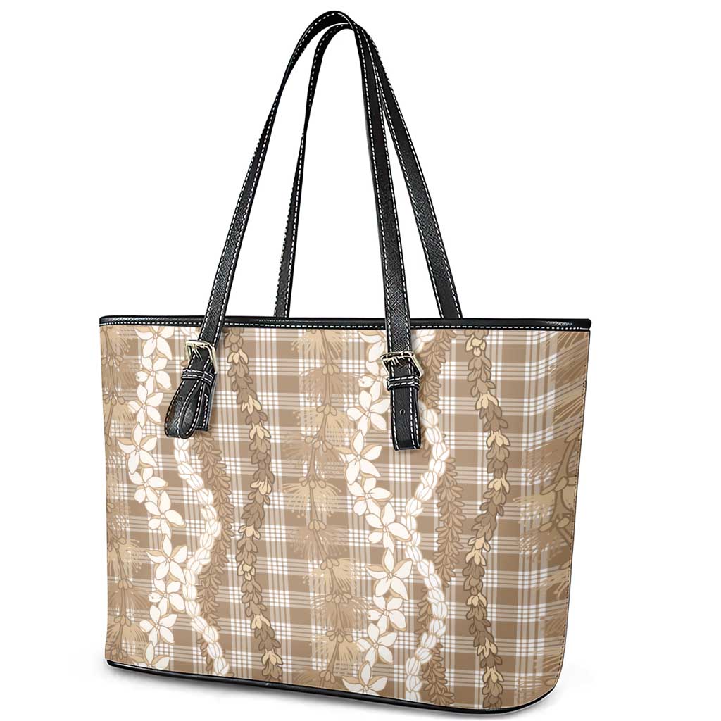Hawaiian Ohia Lehua Lei Leather Tote Bag Plaid Palaka Kalaihaahaa Pattern - Polynesian Pride