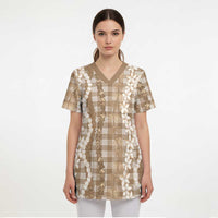 Hawaiian Ohia Lehua Lei Scrub Top Plaid Palaka Kalaihaahaa Pattern - Polynesian Pride