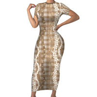 Hawaiian Ohia Lehua Lei Short Sleeve Bodycon Dress Plaid Palaka Kalaihaahaa Pattern - Polynesian Pride