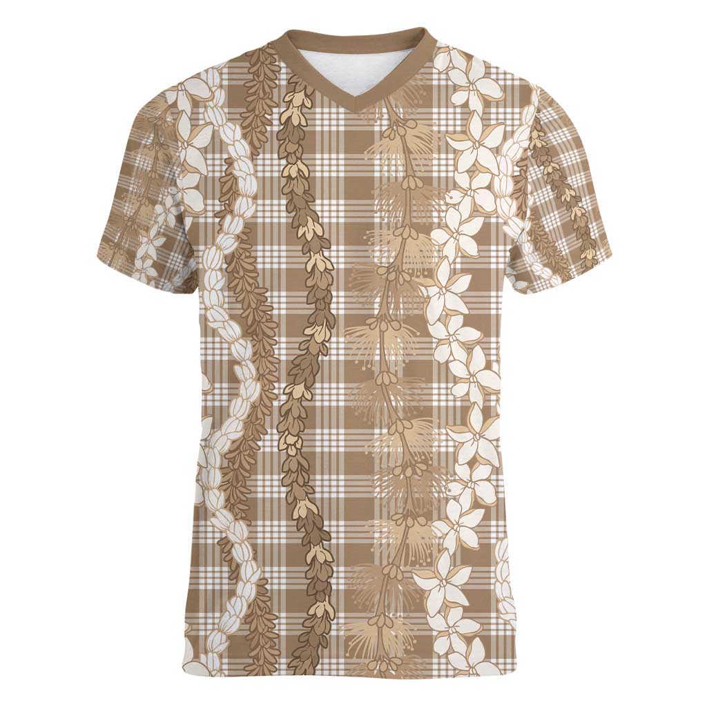 Hawaiian Ohia Lehua Lei Women V-Neck T-Shirt Plaid Palaka Kalaihaahaa Pattern - Polynesian Pride