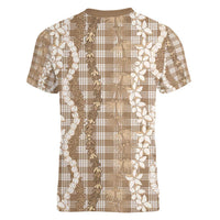 Hawaiian Ohia Lehua Lei Women V-Neck T-Shirt Plaid Palaka Kalaihaahaa Pattern - Polynesian Pride