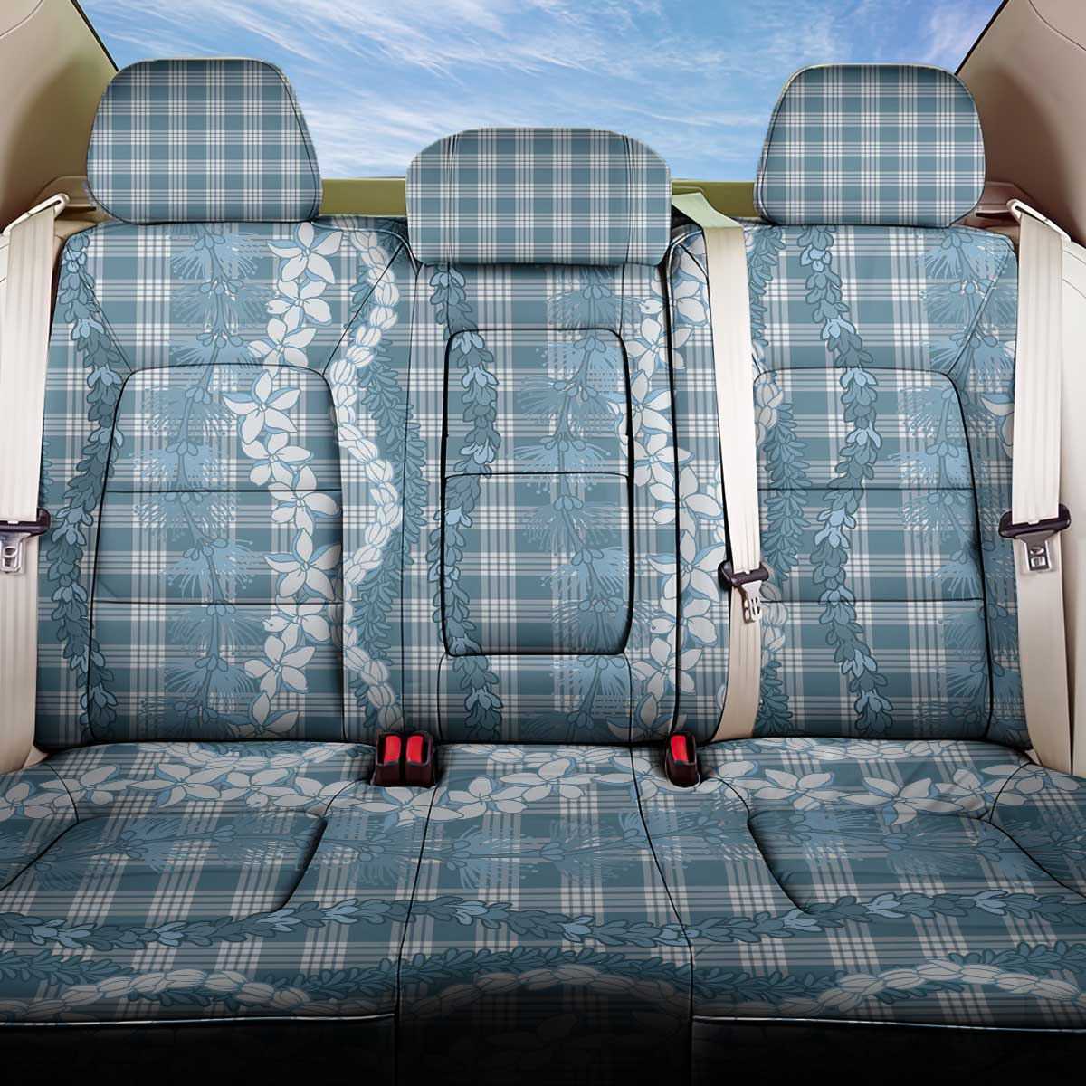 Hawaiian Ohia Lehua Lei Back Car Seat Cover Plaid Palaka Uliuli Omaomao Pattern - Polynesian Pride