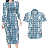 Hawaiian Ohia Lehua Lei Couples Matching Long Sleeve Bodycon Dress and Hawaiian Shirt Plaid Palaka Uliuli Omaomao Pattern - Polynesian Pride