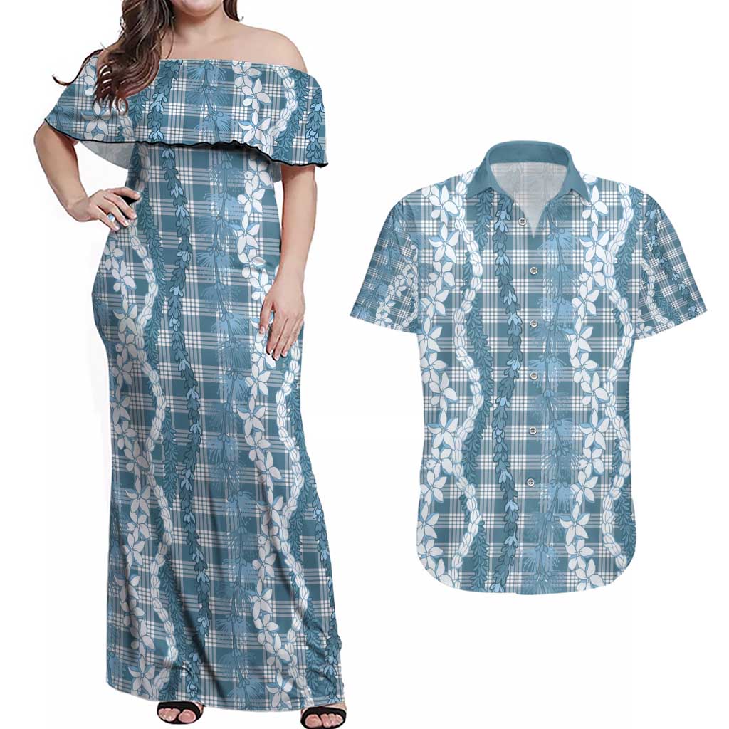 Hawaiian Ohia Lehua Lei Couples Matching Off Shoulder Maxi Dress and Hawaiian Shirt Plaid Palaka Uliuli Omaomao Pattern - Polynesian Pride