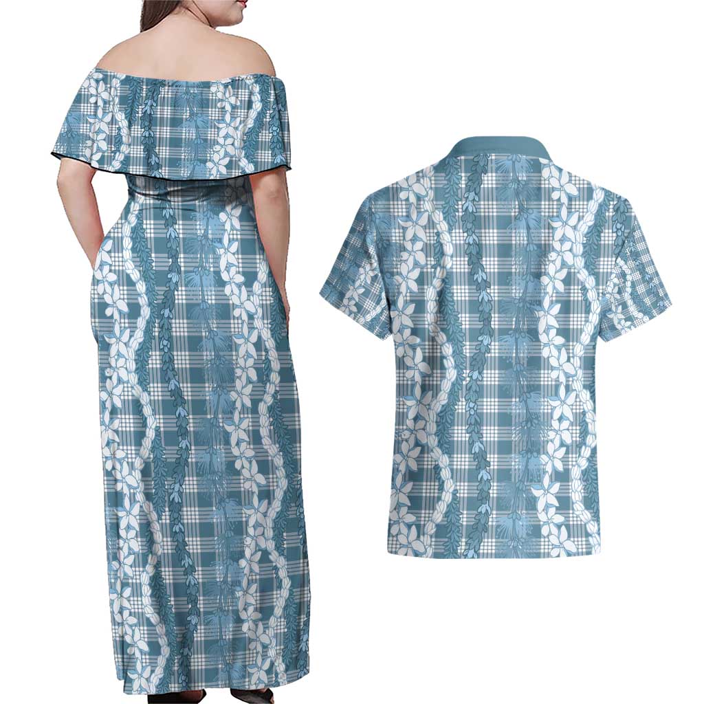 Hawaiian Ohia Lehua Lei Couples Matching Off Shoulder Maxi Dress and Hawaiian Shirt Plaid Palaka Uliuli Omaomao Pattern - Polynesian Pride