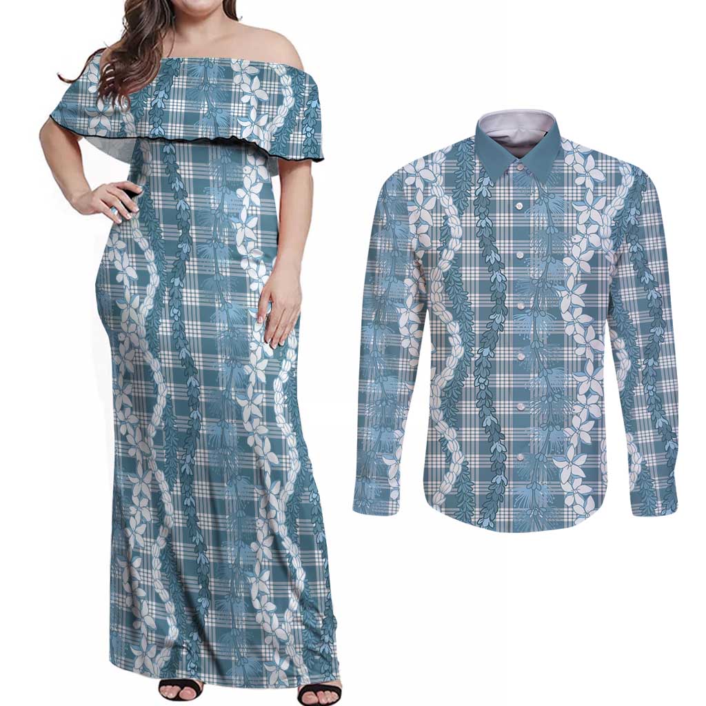 Hawaiian Ohia Lehua Lei Couples Matching Off Shoulder Maxi Dress and Long Sleeve Button Shirt Plaid Palaka Uliuli Omaomao Pattern - Polynesian Pride