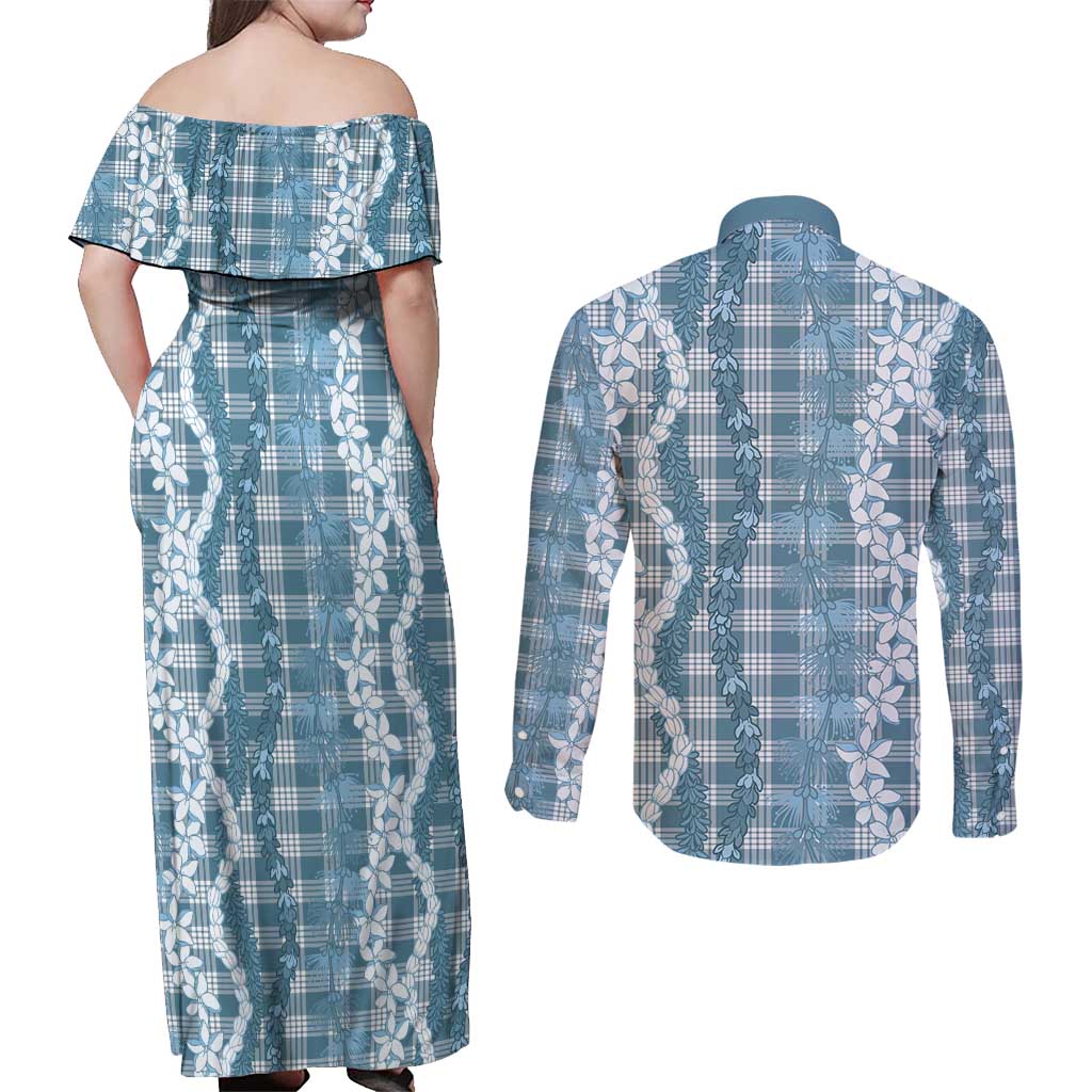Hawaiian Ohia Lehua Lei Couples Matching Off Shoulder Maxi Dress and Long Sleeve Button Shirt Plaid Palaka Uliuli Omaomao Pattern - Polynesian Pride