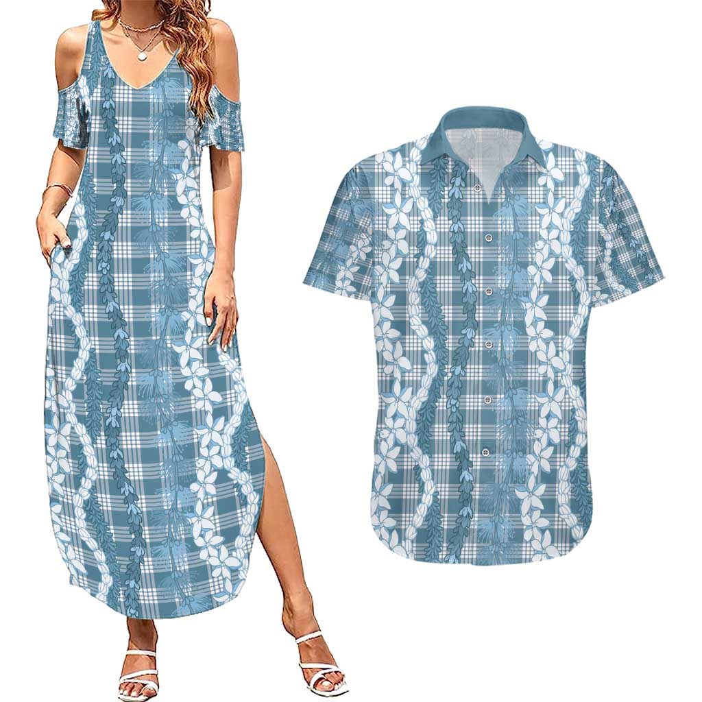 Hawaiian Ohia Lehua Lei Couples Matching Summer Maxi Dress and Hawaiian Shirt Plaid Palaka Uliuli Omaomao Pattern - Polynesian Pride