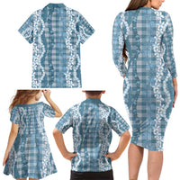 Hawaiian Ohia Lehua Lei Family Matching Long Sleeve Bodycon Dress and Hawaiian Shirt Plaid Palaka Uliuli Omaomao Pattern - Polynesian Pride