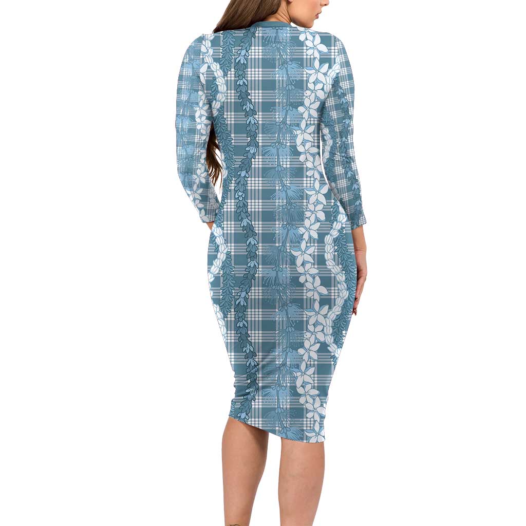 Hawaiian Ohia Lehua Lei Family Matching Long Sleeve Bodycon Dress and Hawaiian Shirt Plaid Palaka Uliuli Omaomao Pattern - Polynesian Pride