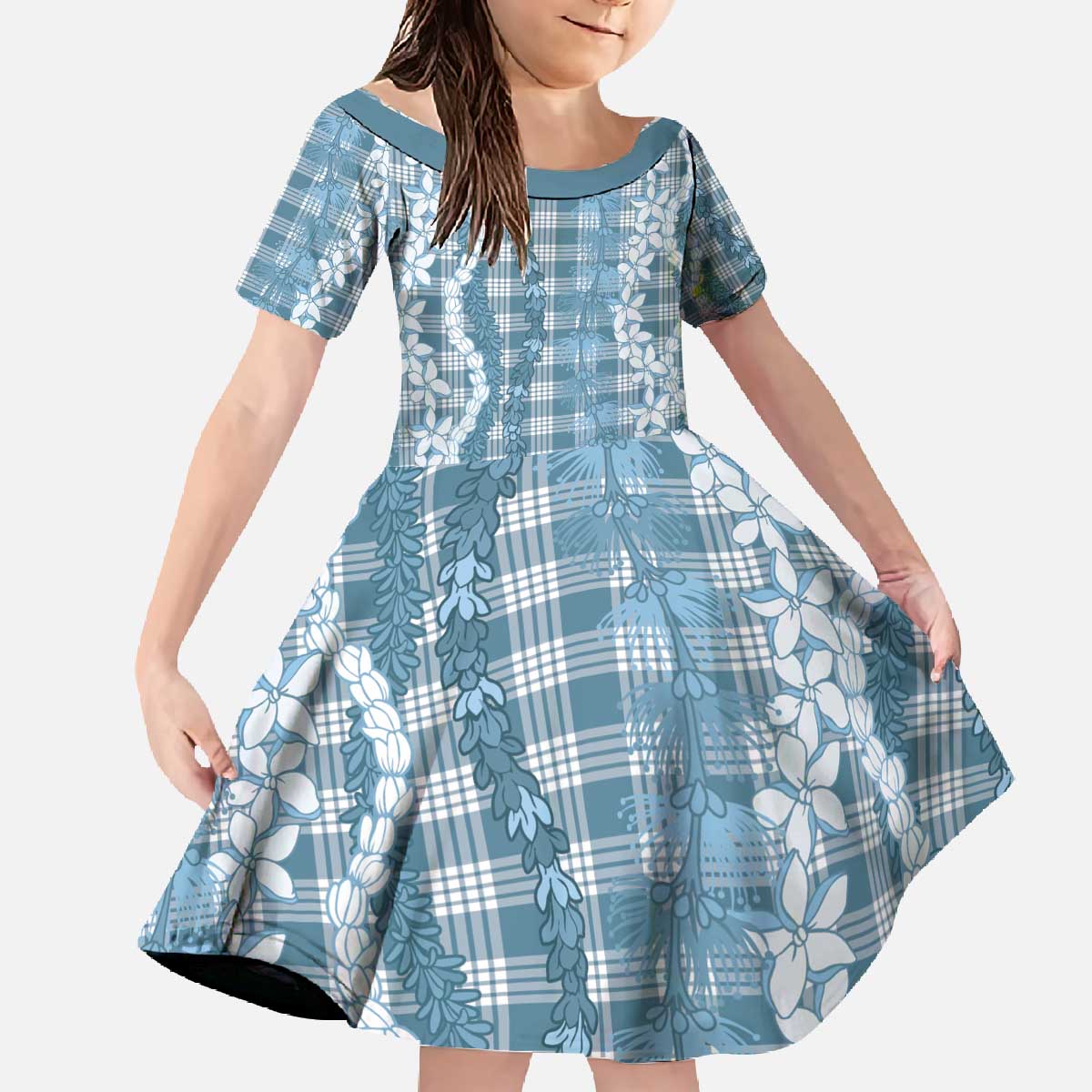 Hawaiian Ohia Lehua Lei Family Matching Off The Shoulder Long Sleeve Dress and Hawaiian Shirt Plaid Palaka Uliuli Omaomao Pattern - Polynesian Pride