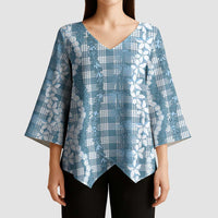 Hawaiian Ohia Lehua Lei Kimono Sleeve Blouse Plaid Palaka Uliuli Omaomao Pattern - Polynesian Pride