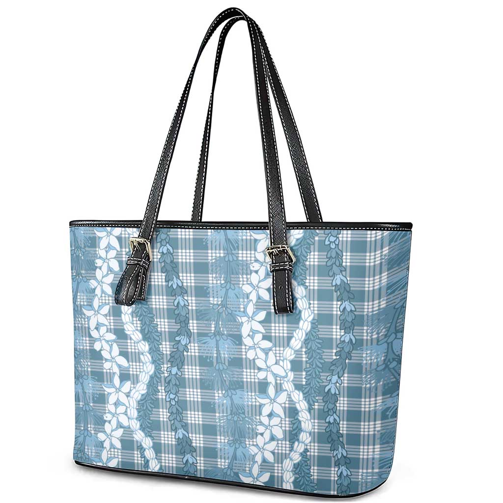 Hawaiian Ohia Lehua Lei Leather Tote Bag Plaid Palaka Uliuli Omaomao Pattern - Polynesian Pride