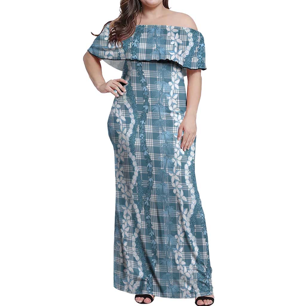 Hawaiian Ohia Lehua Lei Off Shoulder Maxi Dress Plaid Palaka Uliuli Omaomao Pattern - Polynesian Pride