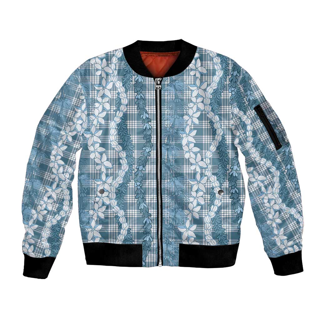 Hawaiian Ohia Lehua Lei Sleeve Zip Bomber Jacket Plaid Palaka Uliuli Omaomao Pattern - Polynesian Pride